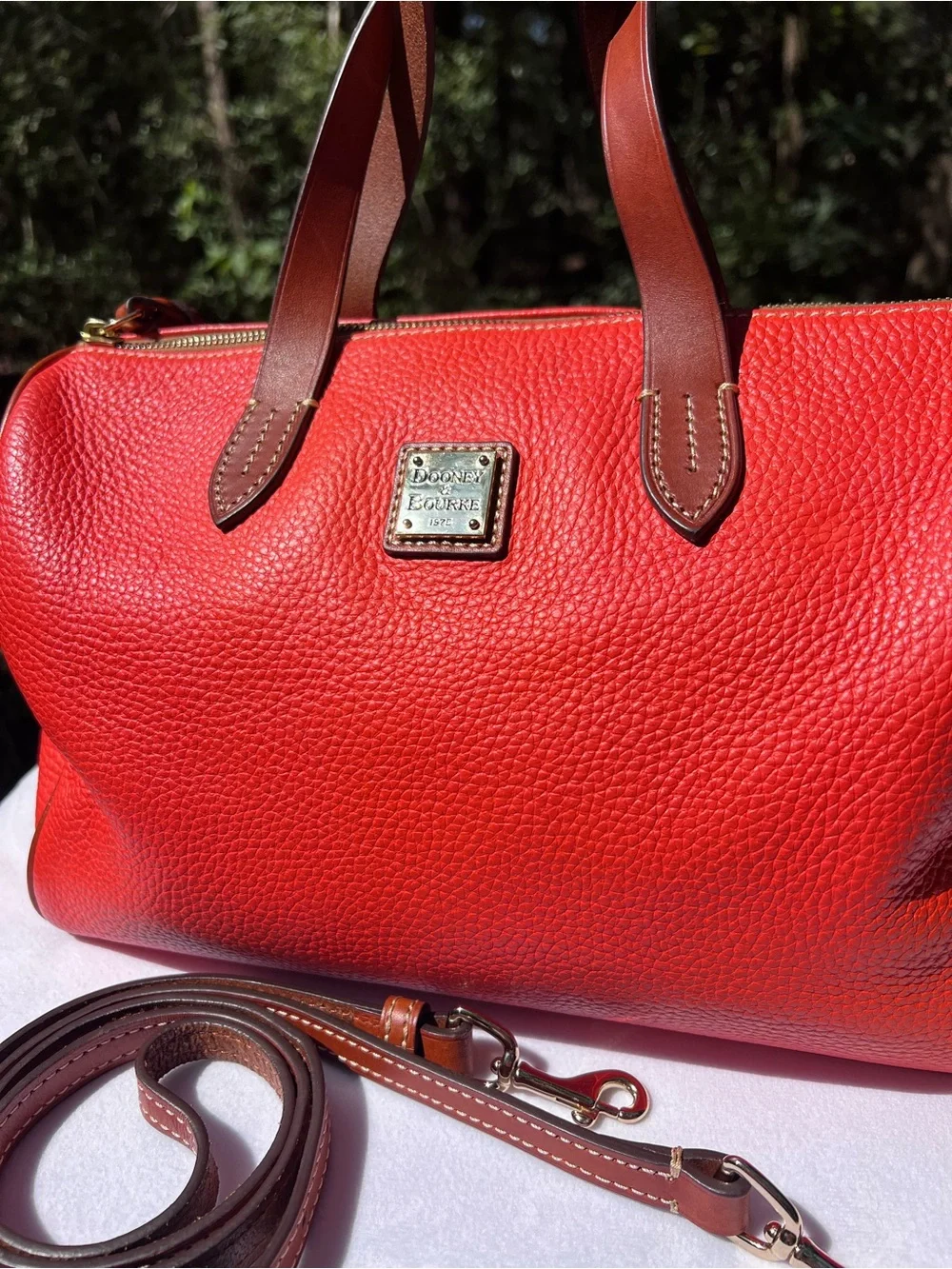 Orange Dooney & Bourke Pebbled Leather Satchel with Brown Trim